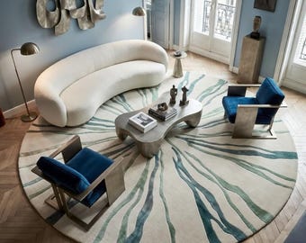 Hand Tufted Round Abstract Rug, Modern Blue Green Artistic Area Carpet, Luxury Wool Living Room Rug, Contemporary Designer Circle Rug