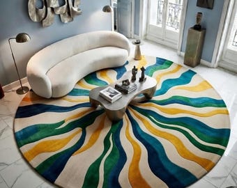 Abstract Round Area Rug Hand Tufted Wool Wave Pattern Modern Luxury Living Room Carpet Designer Circle Floor Decor Blue Green Yellow