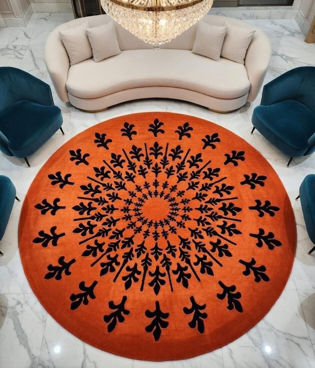 Orange Round Area Rug Hand Tufted Wool Carpet Botanical Mandala Circle ...