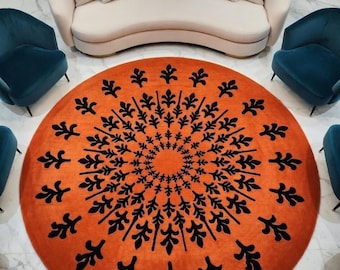Orange Round Area Rug Hand Tufted Wool Carpet Abstract Botanical Circle Rug Modern Living Room Decor Luxury Designer Statement Rug