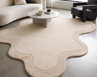Organic Cream Area Rug – Hand Tufted Irregular Shape Carpet, Modern Minimalist Living Room Decor
