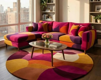 Hand Tufted Round Wool Rug, Colorful Abstract Area Carpet, Pink Orange Geometric Circle, Modern Living Room Decor, Custom Size
