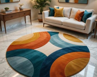 Round Abstract Area Rug Mid Century Modern Carpet Hand Tufted Wool Geometric Colorful Circle Rug Living Room Decor Blue Orange Beige