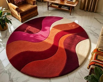 Hand Tufted Round Abstract Rug Colorful Wave Area Carpet Mid Century Living Room Decor Plush Wool Circle Rug Modern Style
