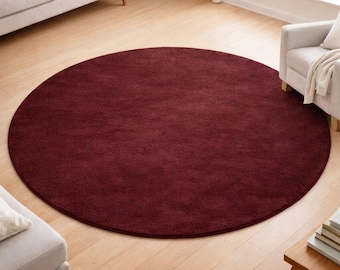 Hand Tufted Burgundy Round Wool Rug, Solid Modern Circle Area Rug, Minimalist Scandinavian Carpet, Luxury Living Room Bedroom Decor
