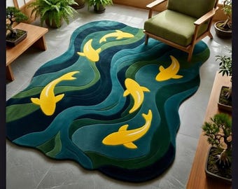 Hand Tufted Koi Fish Rug, Irregular Shape Wool Area Rug, Japanese Pond Inspired Carpet, Artistic Statement Rug, Luxury Modern Home Decor