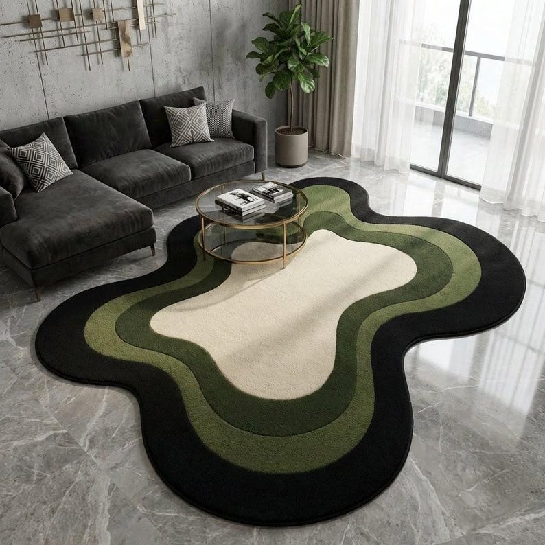 Hand Tufted Wool Area Rug, Green Black Irregular Wavy Rug, Modern ...