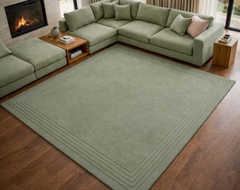 Hand Tufted Sage Green Wool Carpet, Minimalist Solid Area Floor Decor, Scandinavian Handmade, Custom Size Living Room