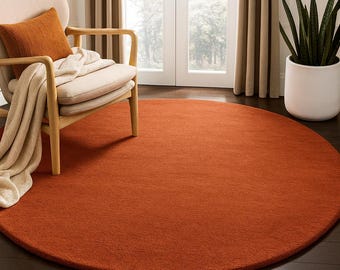Rust Orange Round Rug, Hand Tufted Wool Rug, Terracotta Circle Rug, Modern Minimalist Area Rug, Boho Living Room Carpet
