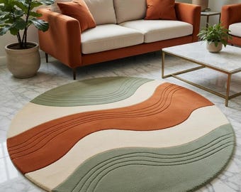 Round Abstract Rug Mid Century Modern Area Rug Hand Tufted Geometric Carpet Beige Green Terracotta Living Room Decor Circle Rug