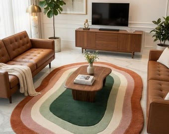 Hand Tufted Abstract Rug, Irregular Shape Carpet, Modern Artistic Floor Decor, Green Beige Statement Piece, Contemporary Lounge Interior