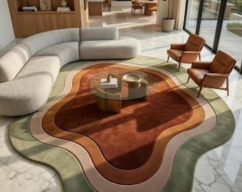 Abstract Multicolor Wool Rug, Hand Tufted Irregular Shape Carpet, Modern Luxury Designer Floor Decor, Artistic Living Room Custom Size