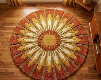 Hand Tufted Round Sunburst Rug – Boho Floral Wool Area Rug, Mid Century Modern Circular Carpet, Retro Statement Living Room Decor