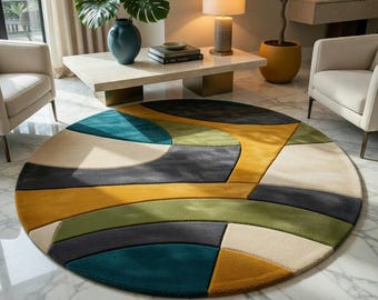 Abstrakter geometrischer runder Wollteppich, handgetufteter moderner Teppich, Luxusdesigner-Farbblock-Bodendekor, künstlerisches Wohnzimmer nach Kundengröße