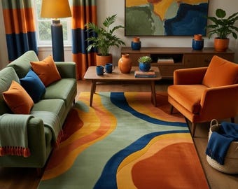 Abstract Multicolor Area Rug Hand Tufted Wool Carpet Modern Mid Century Living Room Rug Geometric Color Block Floor Decor Designer Rug
