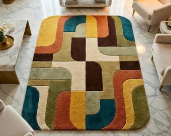 Luxury Hand Tufted Abstract Geometric Wool Rug | Mid Century Modern Colorful Area Carpet | Contemporary Multicolor Designer Living Room Rug