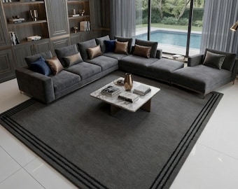 Hand Tufted Charcoal Gray Wool Area Rug, Modern Minimalist Border Carpet, Luxury Living Room Decor, Scandinavian Style Custom Size