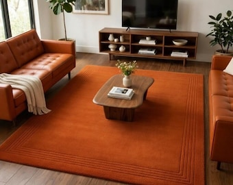 Burnt Orange Wool Rug, Solid Rust Area Rug, Minimalist Modern Carpet, Scandinavian Living Room Rug, Hand Tufted Luxury Floor Decor