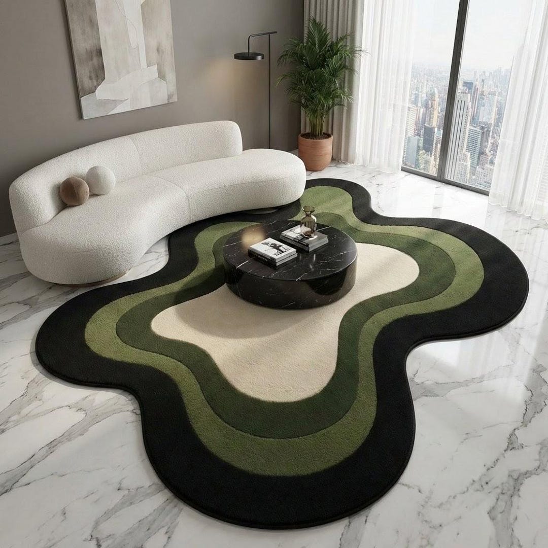 Hand Tufted Wool Area Rug, Green Black Wavy Abstract Carpet, Modern ...