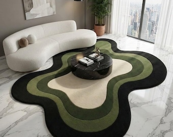 Hand Tufted Wool Area Rug, Green Black Irregular Wavy Rug, Modern Abstract Living Room Carpet, Sculpted Designer Statement Decor
