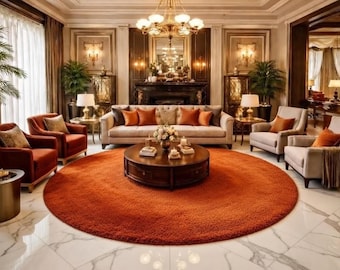 Hand Tufted Wool Round Rug, Terracotta Area Rug, Plush Soft Carpet, Luxury Modern Living Room Rug, Solid Orange Circle Decor