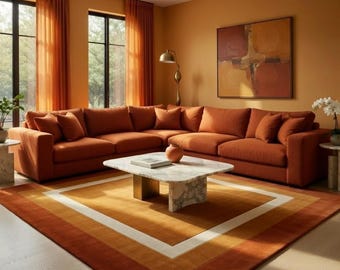 Hand Tufted Wool Area Rug, Rust Orange Border Carpet, Modern Geometric Living Room Rug, Contemporary Rectangle Rug