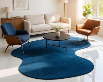 Hand Tufted Abstract Blue Rug Modern Organic Shape Area Rug Luxury Minimalist Living Room Carpet Irregular Designer Contemporary Decor Style