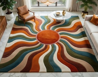 Colorful Abstract Area Rug Hand Tufted Wool Modern Wave Carpet Luxury Designer Living Room Decor Artistic Statement Floor Rug