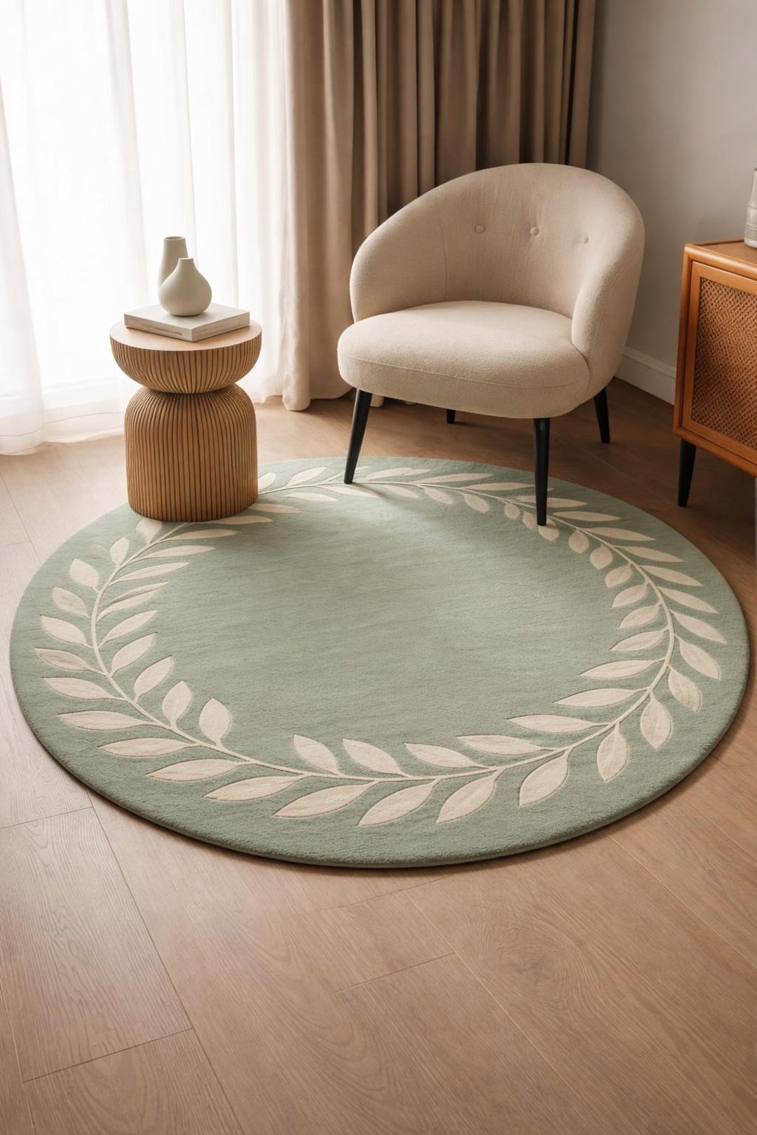 Sage Green Round Area Rug Hand Tufted Wool Botanical Leaf Design Modern ...