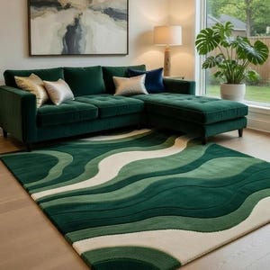 Handgetufteter Grüner Abstrakter Wellenbereich Teppich, Moderner Wollteppich, Smaragdgrünes Zeitgenössisches Wohnzimmerdekor, Schlafzimmer Statement Teppich