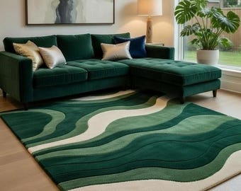 Hand Tufted Green Abstract Wave Area Rug, Modern Wool Carpet, Emerald Contemporary Living Room Decor, Plush Bedroom Statement Rug