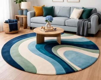 Hand Tufted Round Wool Rug, Blue Abstract Area Rug, Modern Living Room Carpet, Contemporary Circular Rug