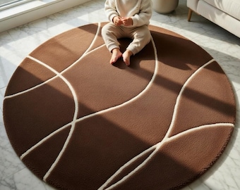Round Brown Rug Hand Tufted Wool Area Rug Modern Minimal Line Pattern Soft Nursery Kids Room Living Room Carpet Cozy Floor Decor Gift