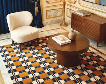 Hand Tufted Geometric Rug Checkered Multicolor Wool Area Rug Modern Abstract Living Room Carpet Luxury Designer Statement Decor