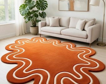 Organic Shape Tufted Rug Burnt Orange Abstract Area Carpet Modern Wavy Statement Floor Decor Plush Soft Living Room Bedroom Accent Rug Home