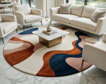 Abstract Round Area Rug Hand Tufted Wool Modern Wavy Carpet Colorful Designer Living Room Decor Luxury Circle Floor Rug