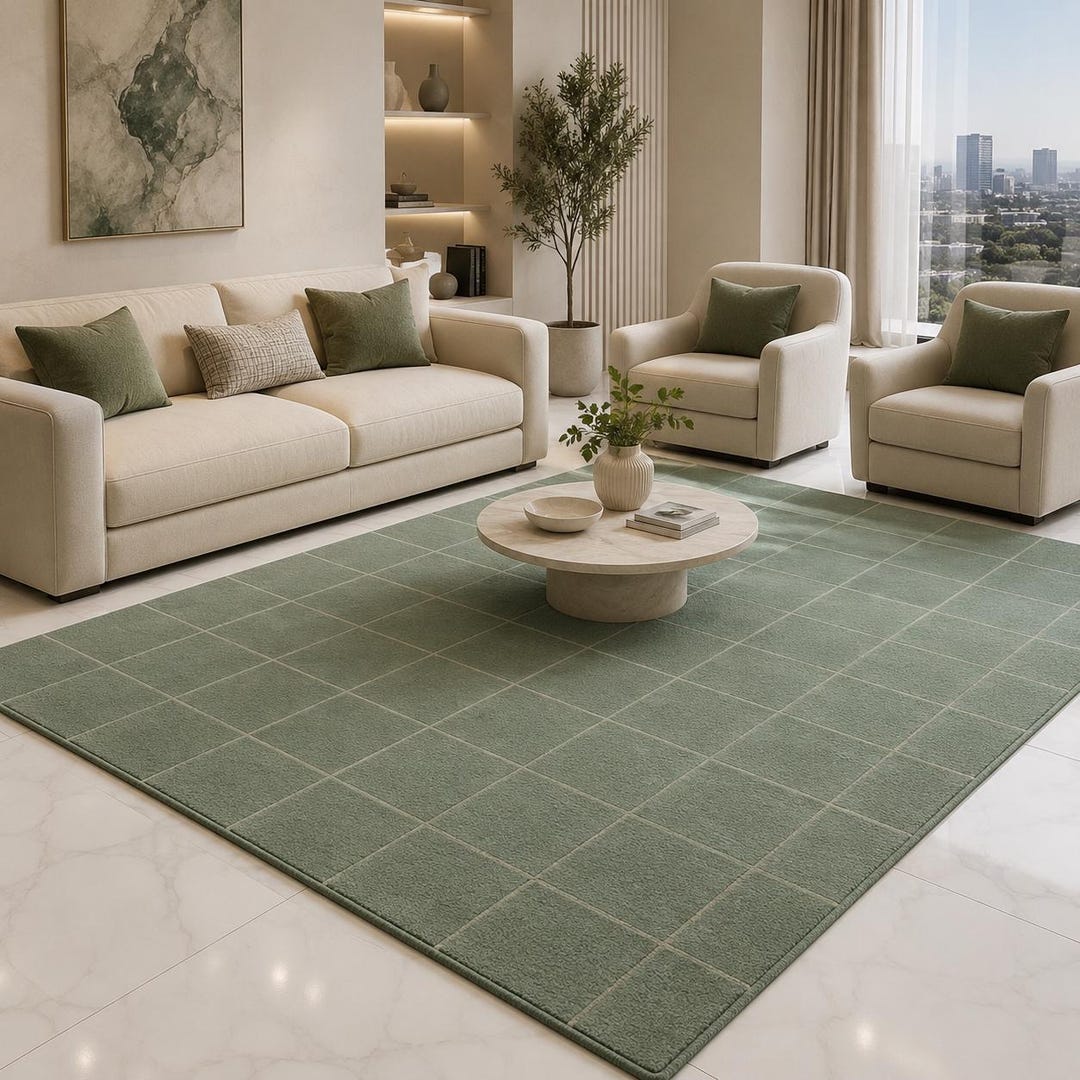 Sage Green Grid Pattern Rug Modern Minimalist Area Carpet Soft Plush ...