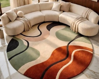 Handmade Wool Round Rug | Hand Tufted Abstract Area Rug | Modern Living Room Carpet | Neutral Earth Tone Decor | Custom Size
