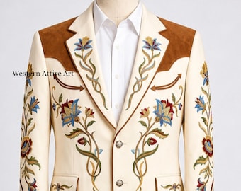 Terno masculino vintage estilo faroeste, personalizado para casamento, com jaqueta Nudie bordada floral creme, pala marrom e costura em ponto corrente. Ideal para noivo cowboy.