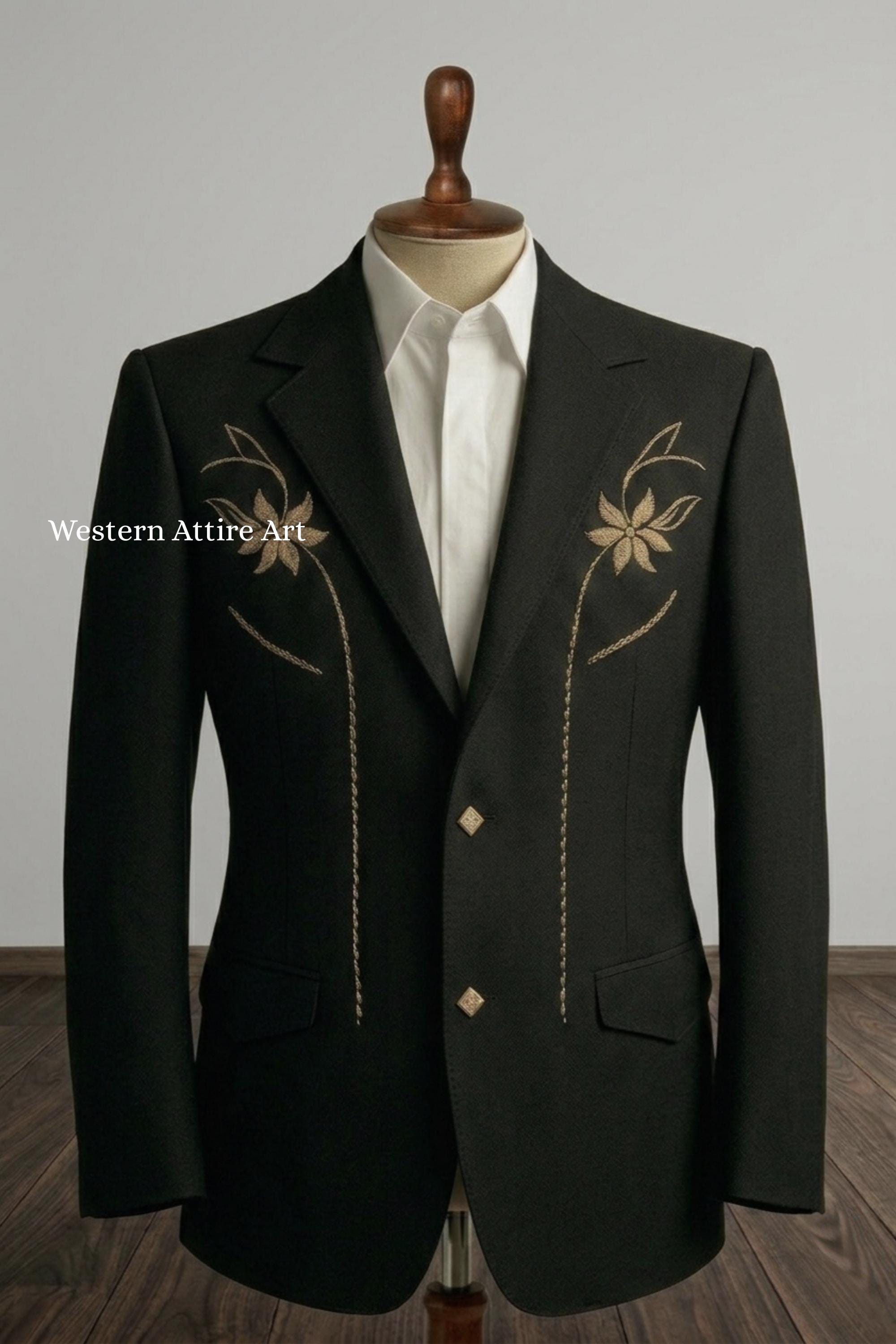 Black Western Embroidered Groom Suit Vintage Floral Chainstitch Wedding Black Western Embroidered Groom Suit Vintage Floral Chainstitch Wedding