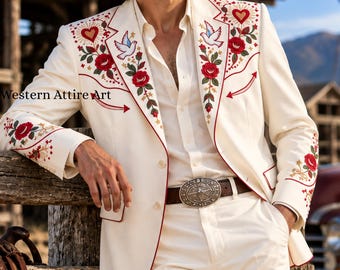 Zweiteiliger, maßgeschneiderter Westernanzug für Herren mit Kettenstichstickerei, weißer Cowboyanzug im Nudie-Stil, Hochzeitsanzug für Bräutigame, Vintage-Blumen-Rodeo-Bühnenanzug