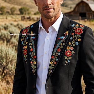 Abito da uomo 2 pezzi su misura in stile western ricamato, completo da cowboy nero con stampa floreale, giacca e pantaloni in stile nude, abito da sposo western vintage, completo da sposo personalizzato
