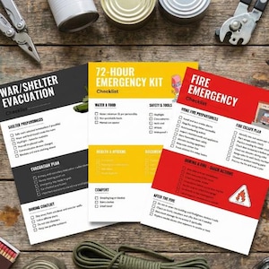 May include: Three checklists for emergency preparedness: "War/Shelter Evacuation," "72-Hour Emergency Kit," and "Fire Emergency." The checklists are on white paper with black, yellow, and red text. The image includes tools and canned goods.