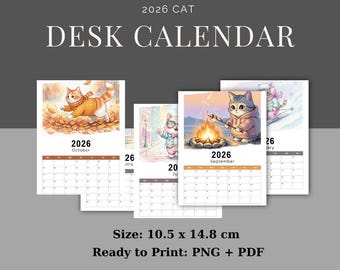 Puede incluir: Calendario de escritorio 2026 con ilustraciones de gatos en escenas de temporada. El calendario mide 10,5 cm x 14,8 cm e incluye meses como octubre y septiembre. Diseño listo para imprimir.