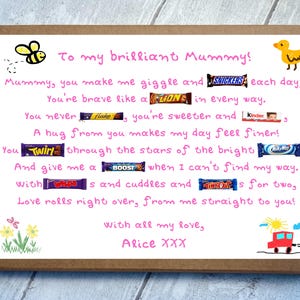 May include: A brown cardboard gift box featuring a white insert with a printed poem addressed to Mummy. The text incorporates various candy bar wrappers including Snickers, Lion, Flake, Kinder, Twirl, Milky Way, Boost, Wispa, and Time Out, with hand-drawn illustrations of a bee, duck, flowers, and a car.
