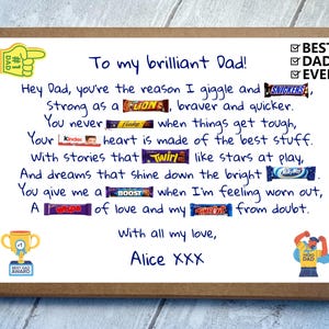May include: A rectangular brown cardboard gift box featuring a white label with a poem addressed to Dad. The text incorporates various candy bar brand names as puns, alongside a yellow foam finger icon, a gold trophy, and a superhero illustration.