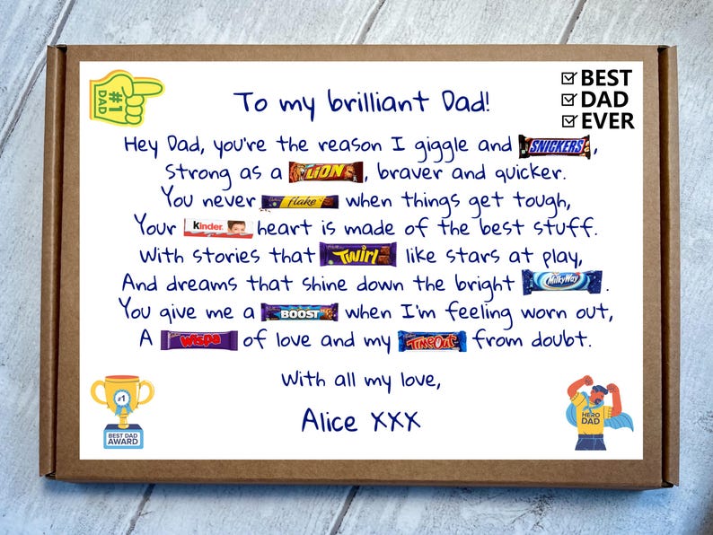May include: A rectangular brown cardboard gift box featuring a white label with a poem addressed to Dad. The text incorporates various candy bar brand names as puns, alongside a yellow foam finger icon, a gold trophy, and a superhero illustration.