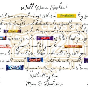 May include: A graduation greeting card featuring the text Well Done Sophie! and Congratulations on graduating! interspersed with various candy bar brand logos including Tangfastics, Flake, Boost, Wispa, Kinder, Rolo, TimeOut, Twirl, and MilkyWay, with graduation cap icons.