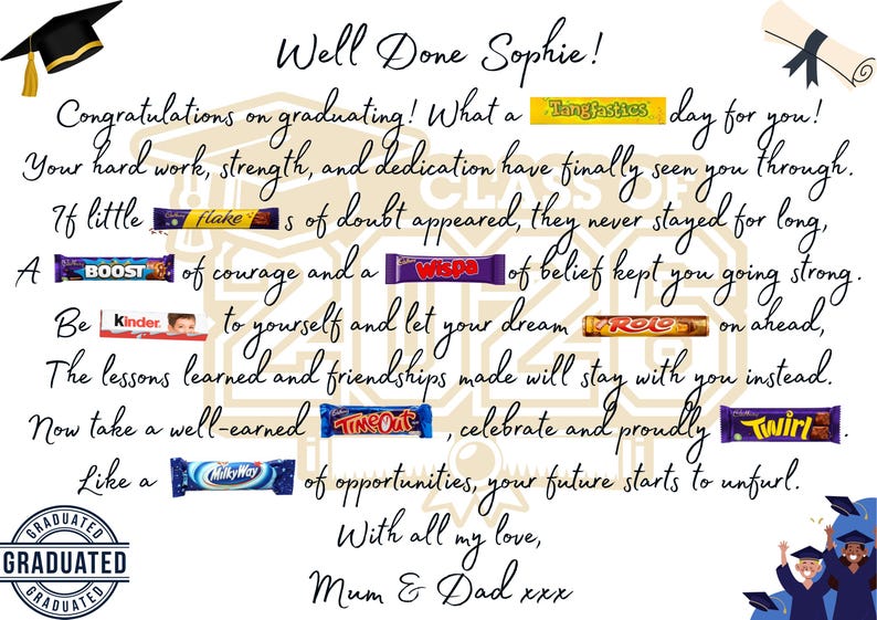 May include: A graduation greeting card featuring the text Well Done Sophie! and Congratulations on graduating! interspersed with various candy bar brand logos including Tangfastics, Flake, Boost, Wispa, Kinder, Rolo, TimeOut, Twirl, and MilkyWay, with graduation cap icons.