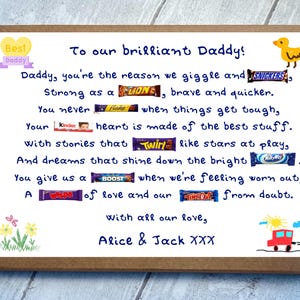 May include: A rectangular cardboard gift box containing a white card with a poem addressed to Daddy. The poem incorporates various candy bar brand names into the text, decorated with colorful hand-drawn illustrations of a duck, flowers, and a car.
